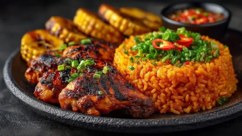 Flame-grilled chicken plated with jollof rice, grilled corn and plantain